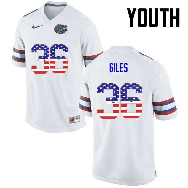 Florida Gators Youth #36 Eddie Giles College Football USA Flag Fashion White